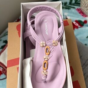 L'Amour Lilac Floral T-Strap Sandals with Peach Accents